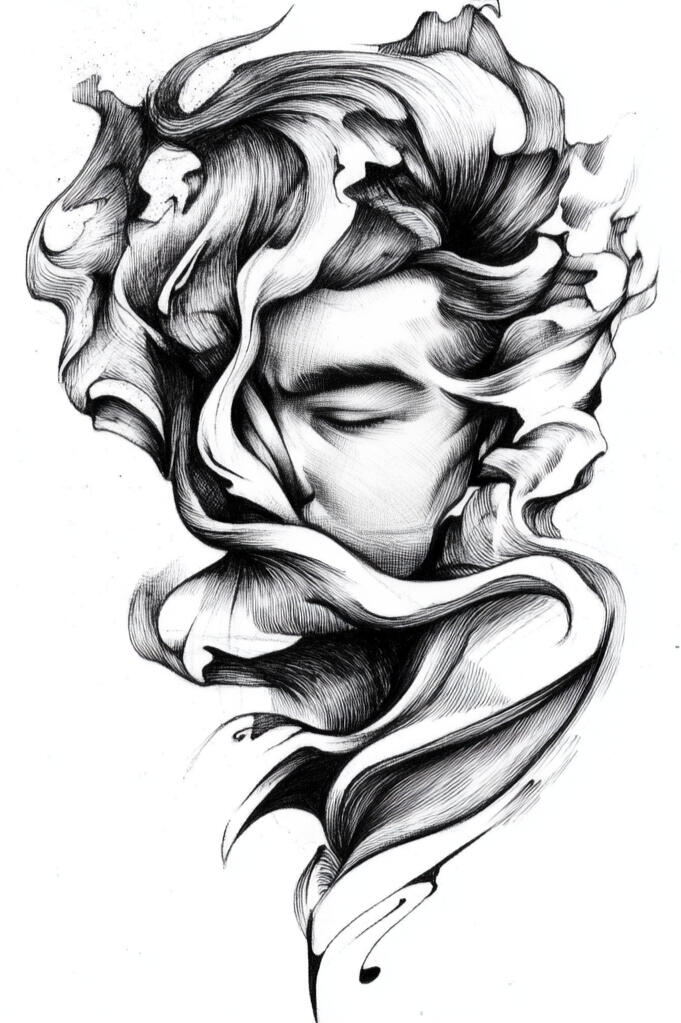 Black-and-white illustration of a face with swirling, smoke-like hair.