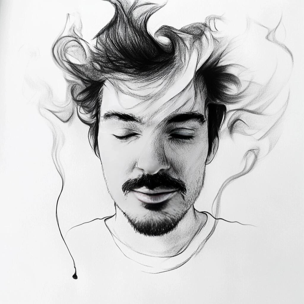 Portrait en noir et blanc d'un homme moustachu avec des mèches de cheveux flottant.